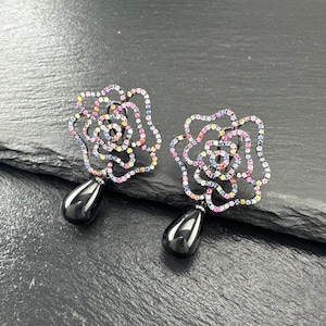 Levian Sterling Silver Multicolor Black Onyx Sapphire Floral Omega back Earrings