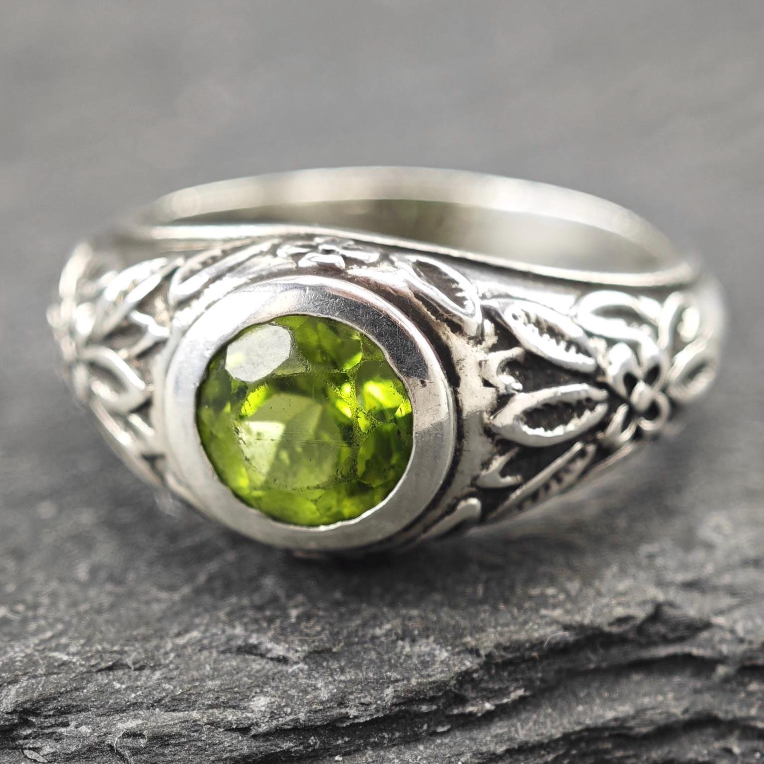 Vintage Peridot, Floral Ring Sterling Silver