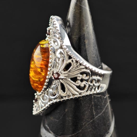 BBJ Amber, Ruby Ring Sterling Silver Filigree Sz … - image 10