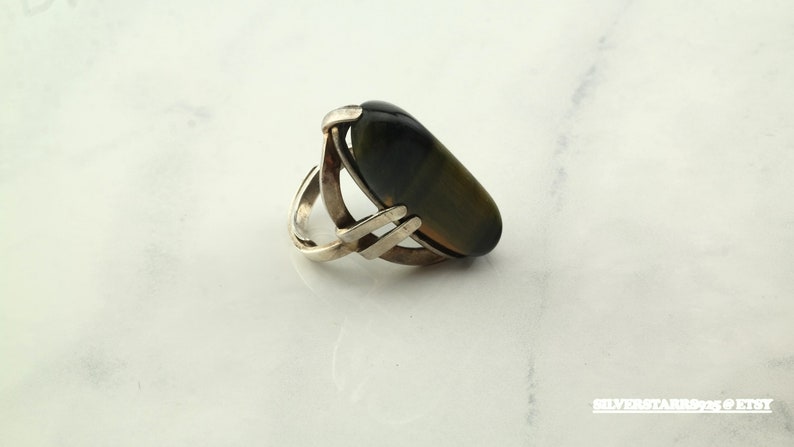 Vintage Mid Century Silver Ring Tigereye Sterling Size 6-adj