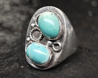 Vintage Southwest Sterling Silver Ring, Turquoise Two Stone Blue Size 10 1/4