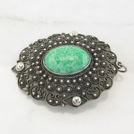 Green Peking Glass Brooch Pendant Filigree Sterli… - image 1