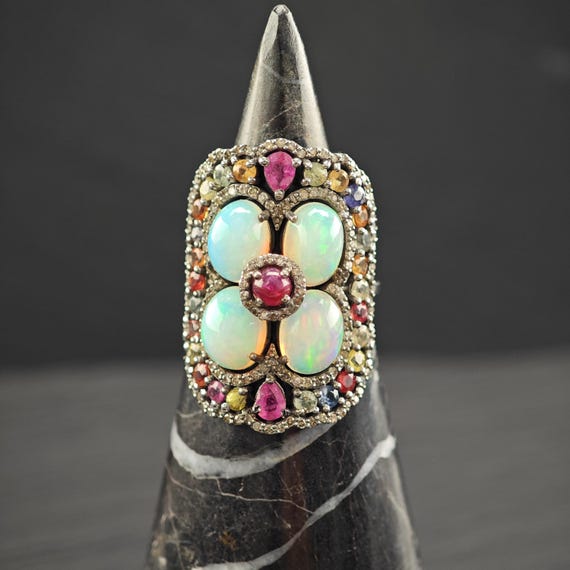 Oxidized Sterling Silver Ring with Ruby, Opal, Di… - image 10