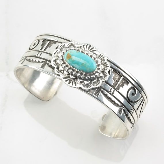 Navajo Sterling Silver Cuff Bracelet Blue Turquoi… - image 1