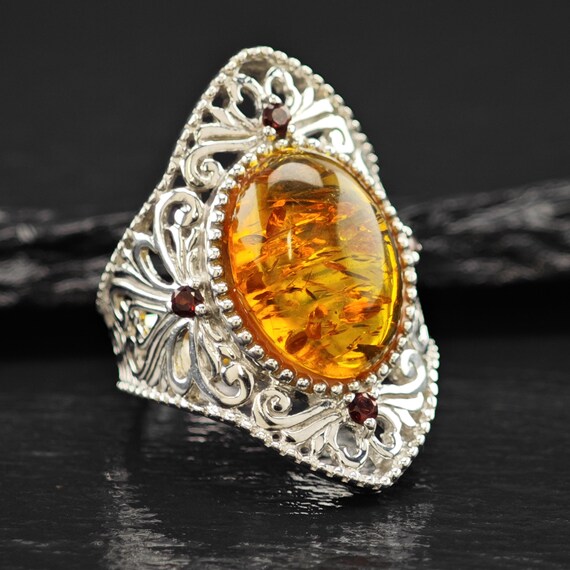BBJ Amber, Ruby Ring Sterling Silver Filigree Sz … - image 4