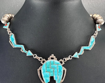 Collier vintage en argent sterling incrusté : bijoux du sud-ouest des États-Unis turquoise et corail