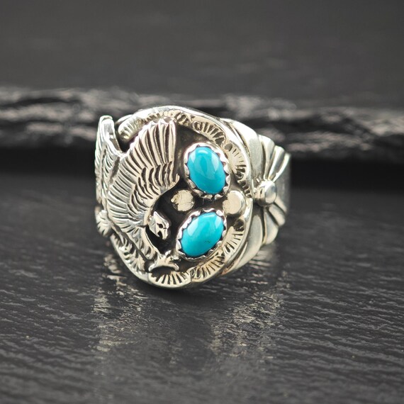 Native American Eagle Block Turquoise Ring Sterli… - image 7