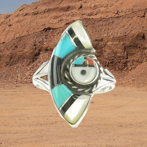 Vintage Zuni Silver Ring Turquoise, Onyx, MOP Inlay Sterling  Size 7 1/2