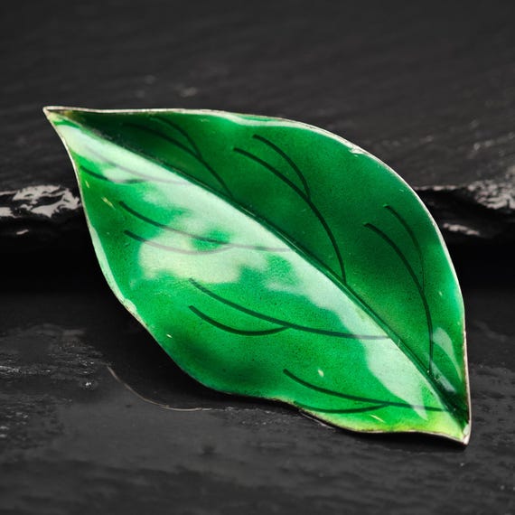 Denmark Enamel Leaf Brooch Sterling Silver