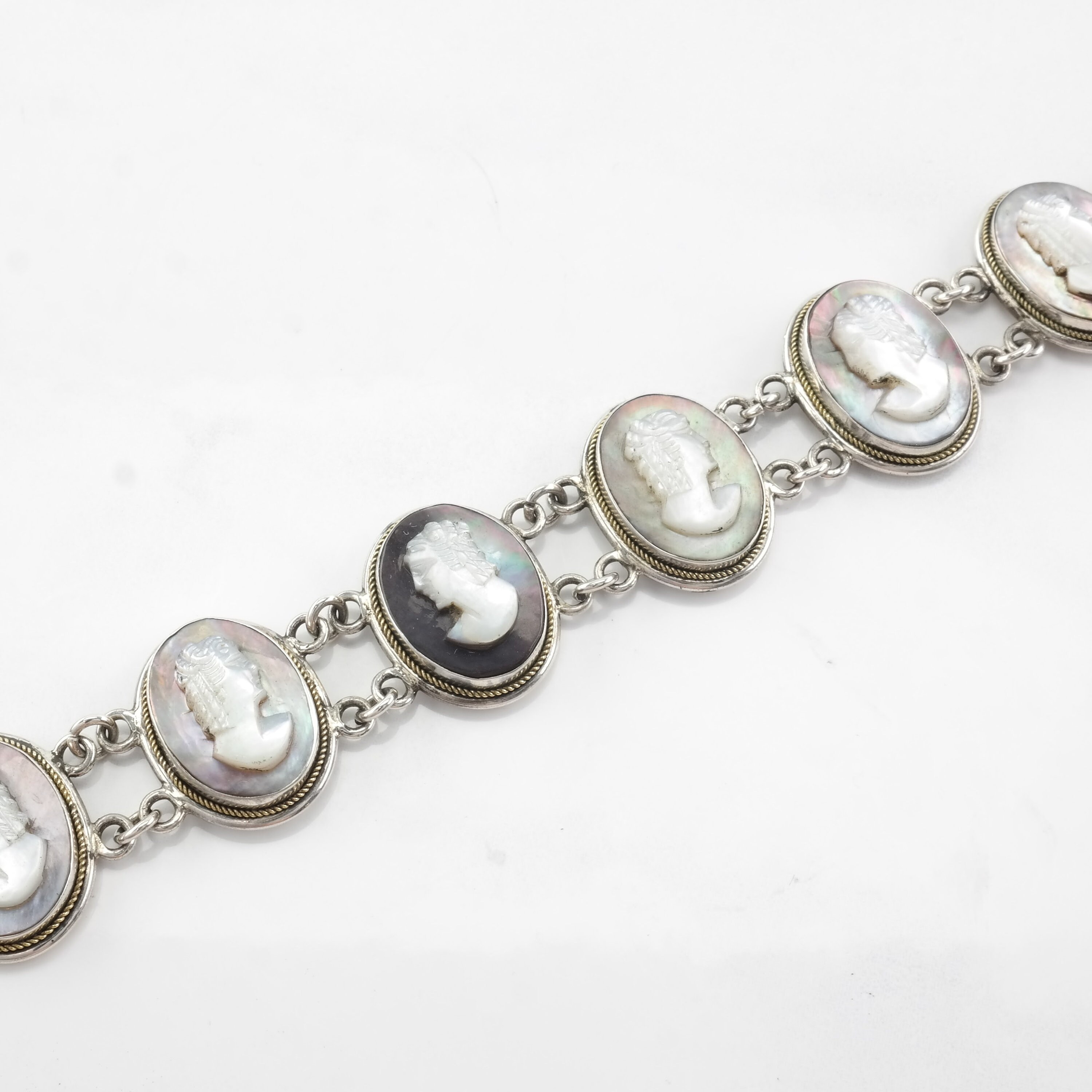 Antique Marcasite Silver and Carved Mother of Pearl Cameo