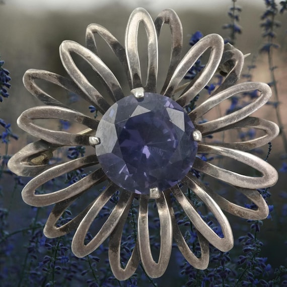 Color Change Corundum Flower Brooch - Sterling Silver Taxco