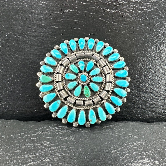 Native American Sterling Silver Brooch Cluster Flower Turquoise