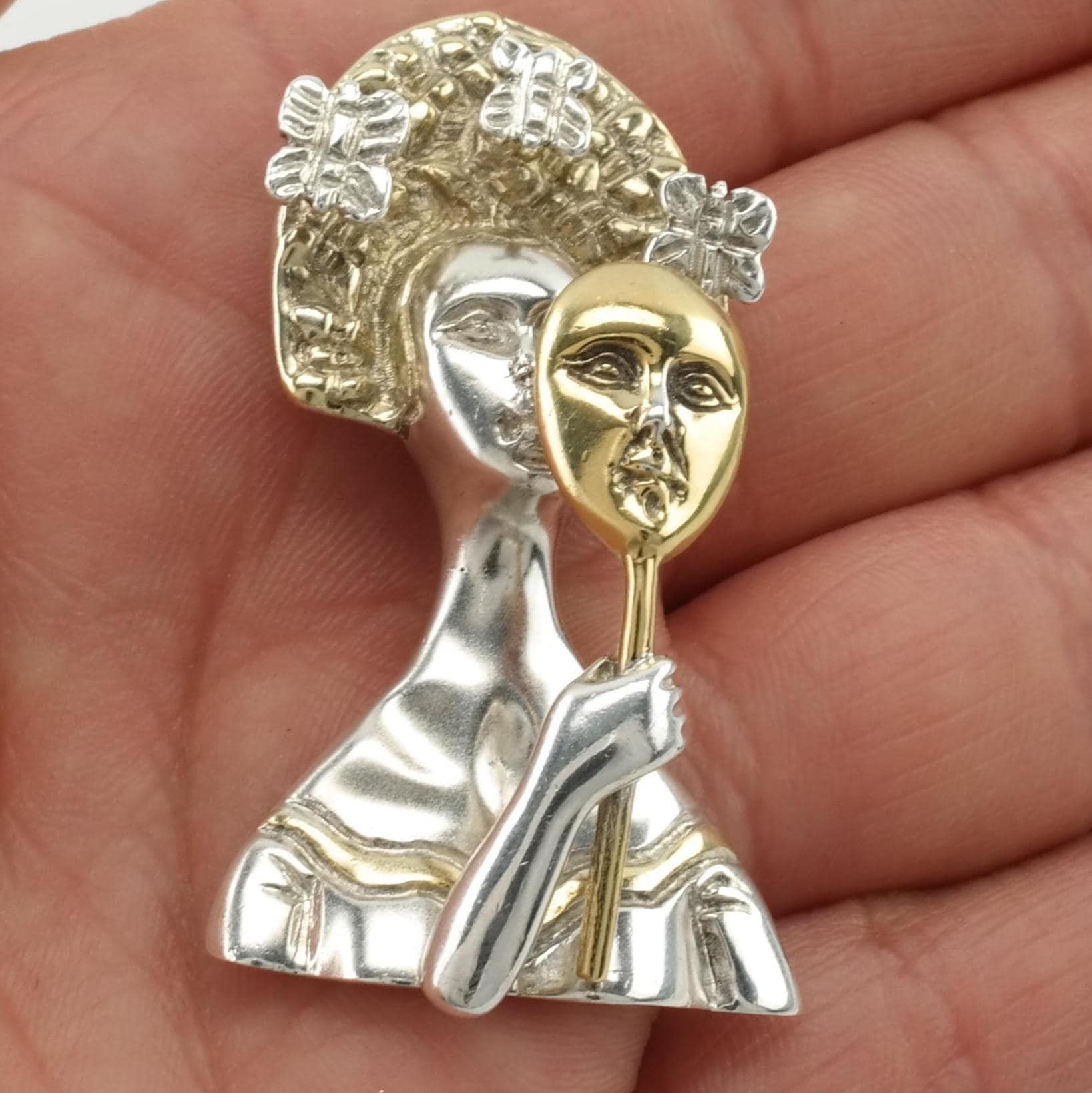tama（タマス）Brouch 「Do you remember」 Sergio Bustamante Brooch Sterling Silver Female Mask Silver Gold