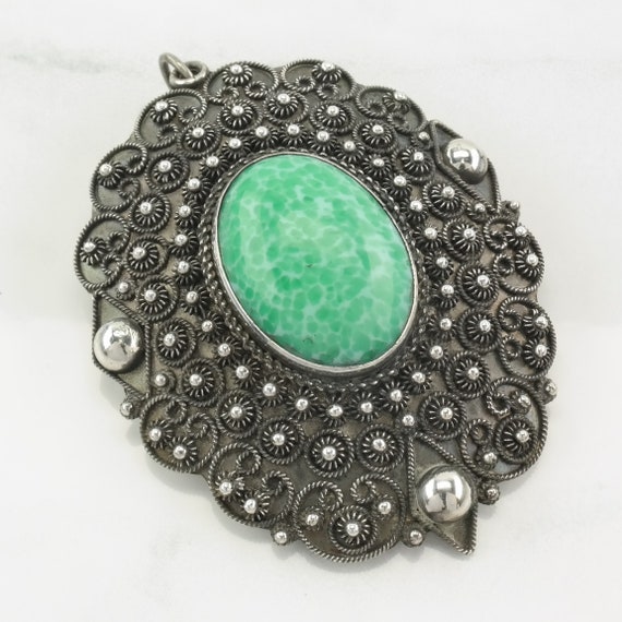 Green Peking Glass Brooch Pendant Filigree Sterli… - image 2