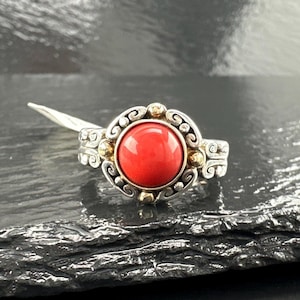 Vintage Silver Ring Faux Coral 14k Gold Beads Size 7 1/4