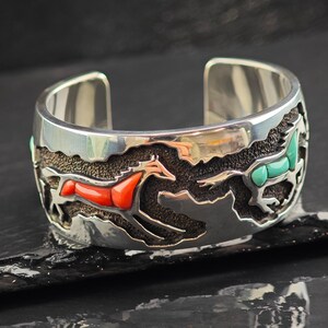 Vintage Ben Nighthorse Turquoise & Coral Horse Inlay Cuff Bracelet