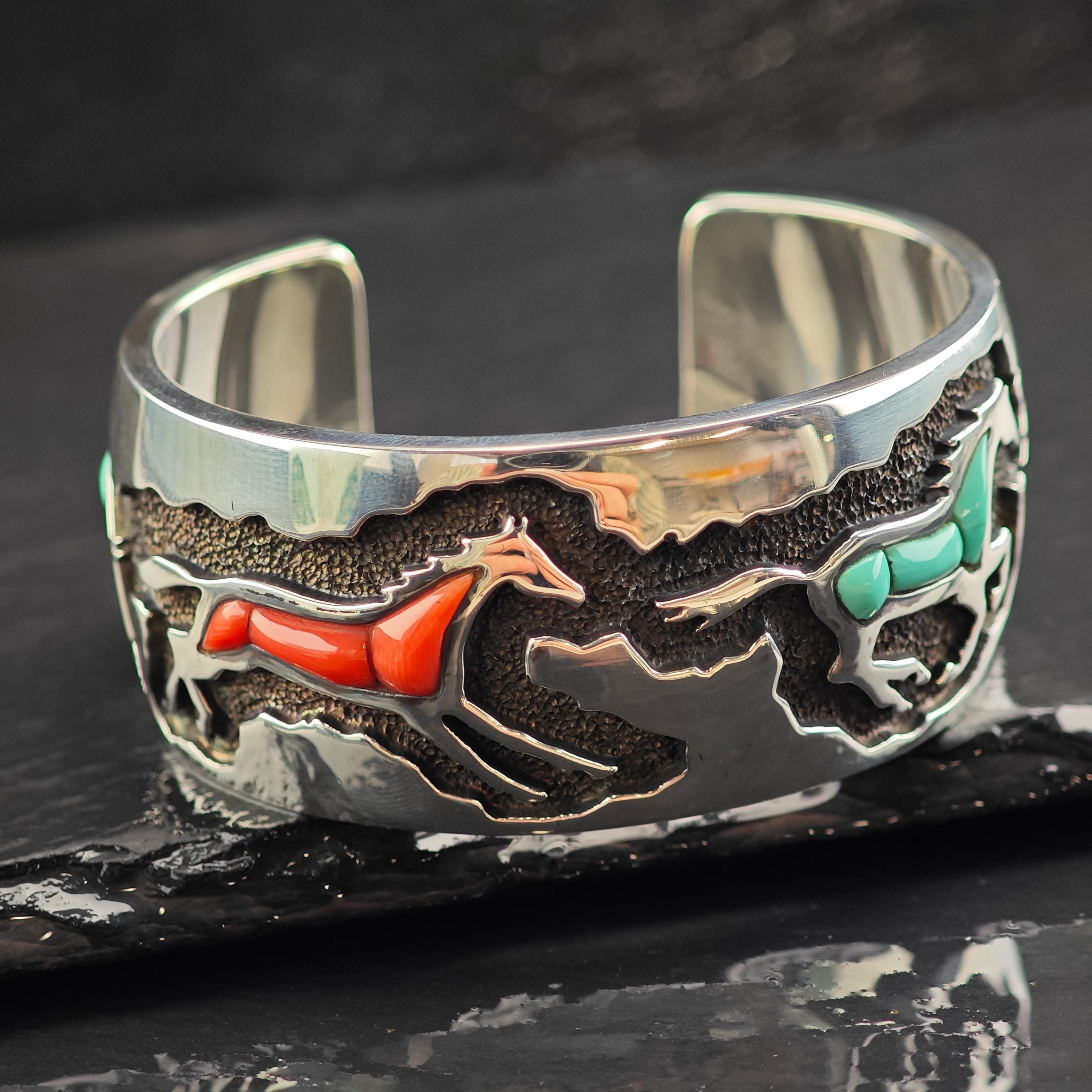 Vintage Ben Nighthorse Turquoise & Coral Horse Inlay Cuff Bracelet