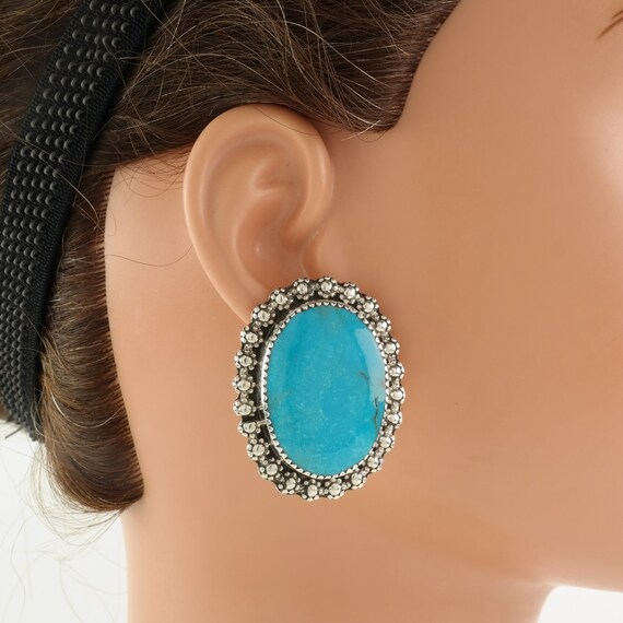 Native American Sterling Silver Large Turquoise E… - image 2