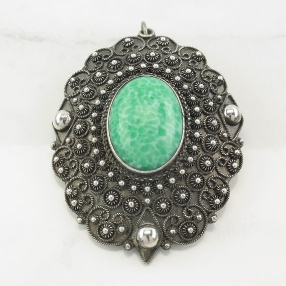 Green Peking Glass Brooch Pendant Filigree Sterli… - image 3