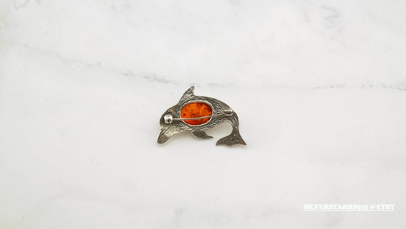 Vintage Amber Dolphin Silver Brooch Orange Sterli… - image 3