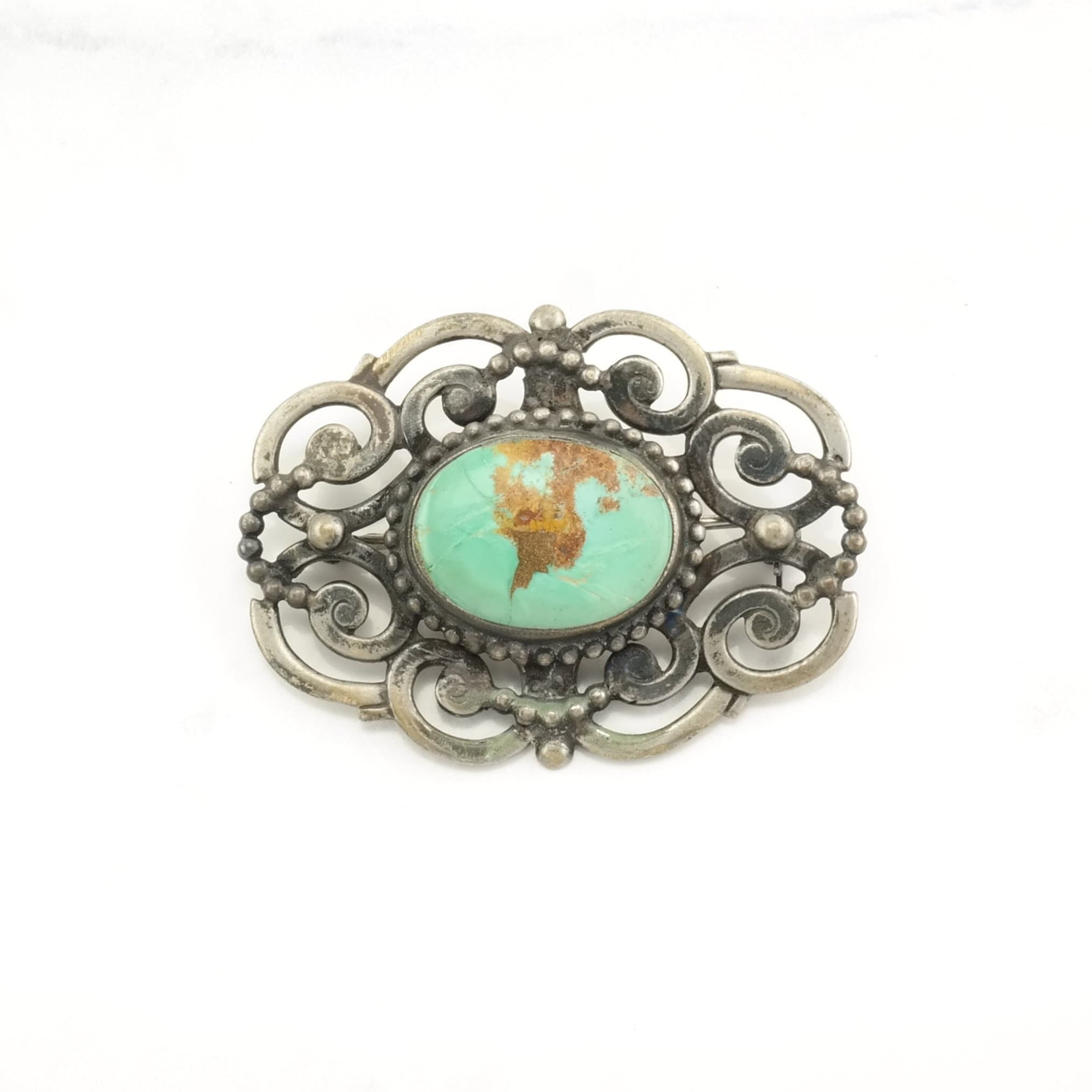 Vintage 1940s Turquoise Brooch: Hand Wrought Sterling Silver