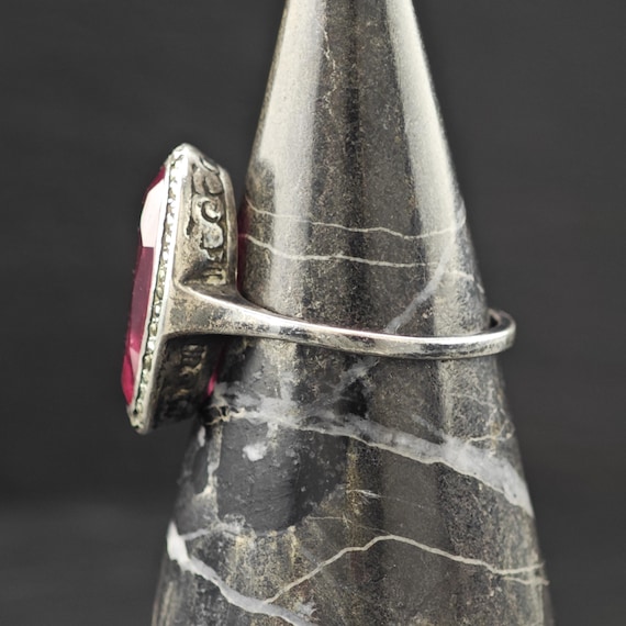 Art Deco Style Lab Ruby Ring Sterling Silver Sz 7 - image 10