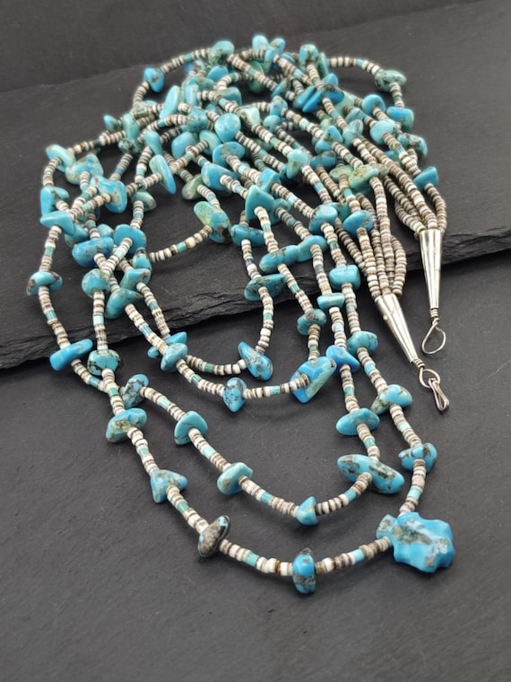 Santo Domingo Native American Turquoise Necklace, 5 Strand Heishi