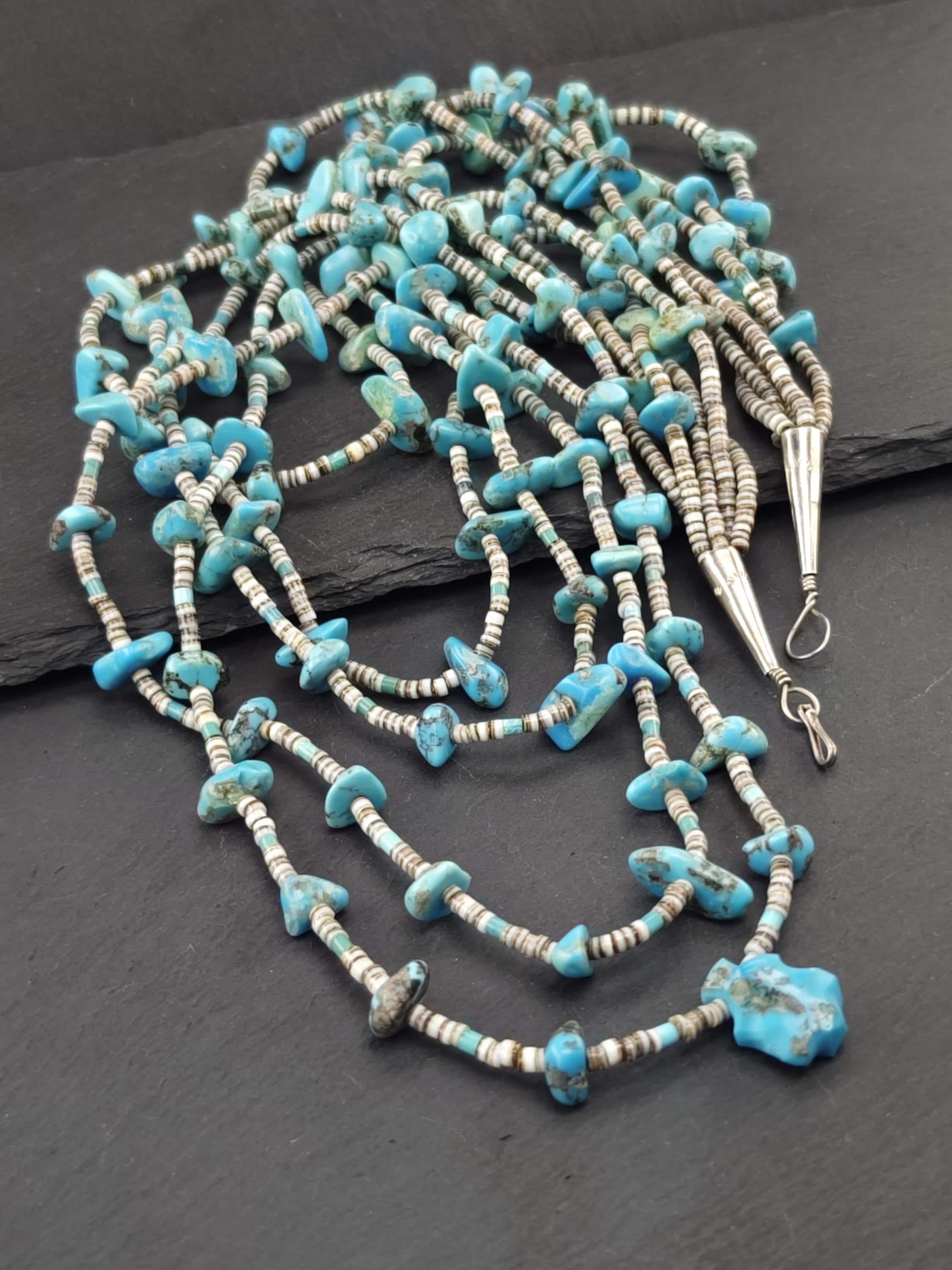 Santo Domingo Native American Turquoise Necklace, 5 Strand Heishi