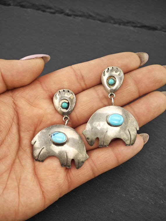 Native American, Turquoise Bear Stud/Dangle Earri… - image 2