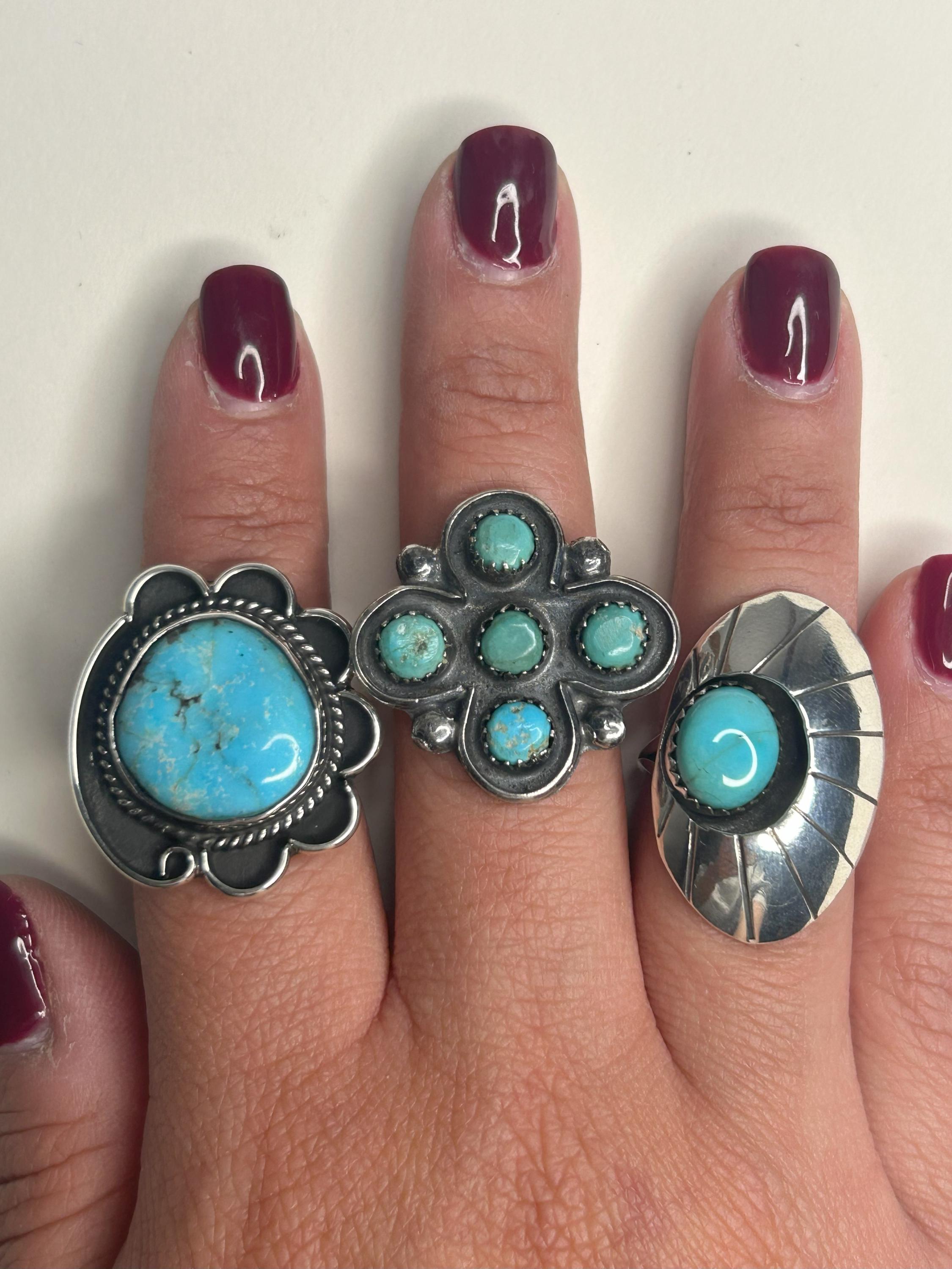 Native American Turquoise Ring, Silver Cross Cluster (size 61/4