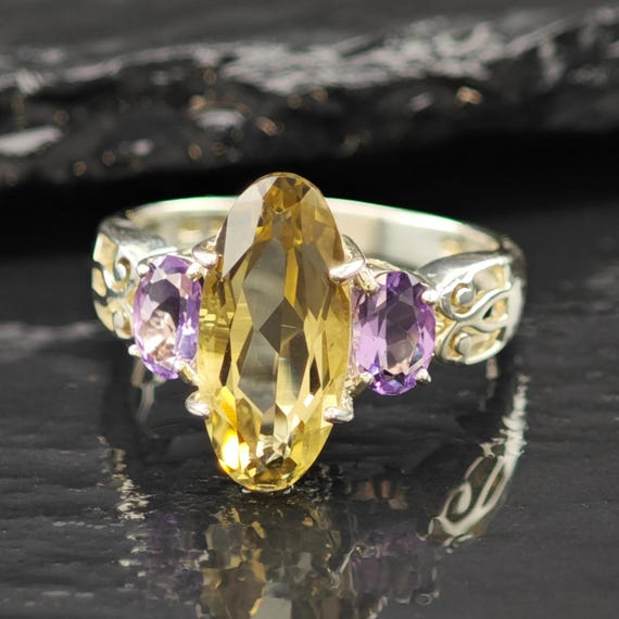 Sterling Silver Statement Ring: Amethyst & Citrin… - image 1