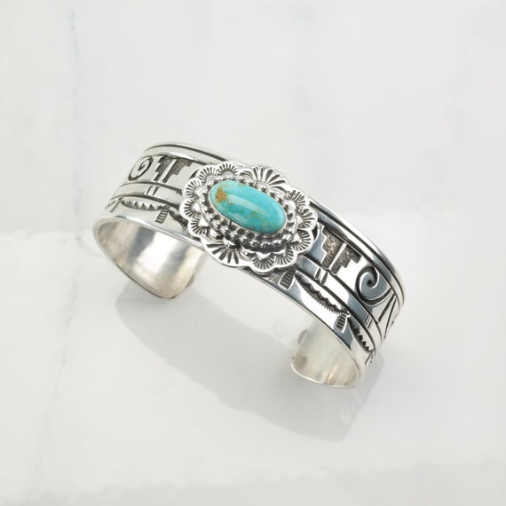Navajo Sterling Silver Cuff Bracelet Blue Turquoi… - image 8