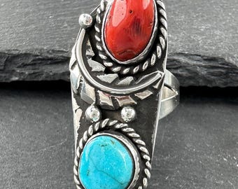 Southwest Coral, Turquoise Ring Sterling Silver