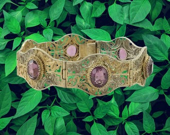 European Sterling Silver Link Bracelet Purple Amethyst Filigree