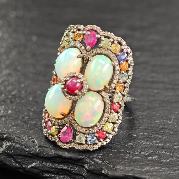 Oxidized Sterling Silver Ring with Ruby, Opal, Di… - image 1