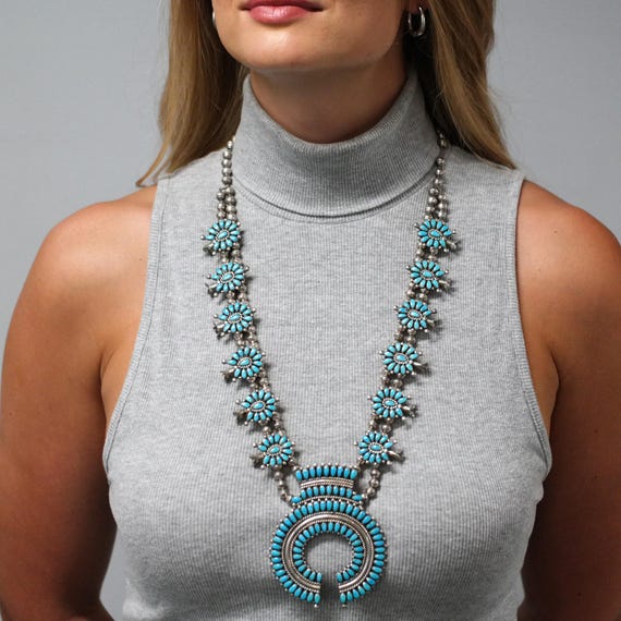 Historic Alice Quam, Zuni, Native American Squash Blossom Necklace