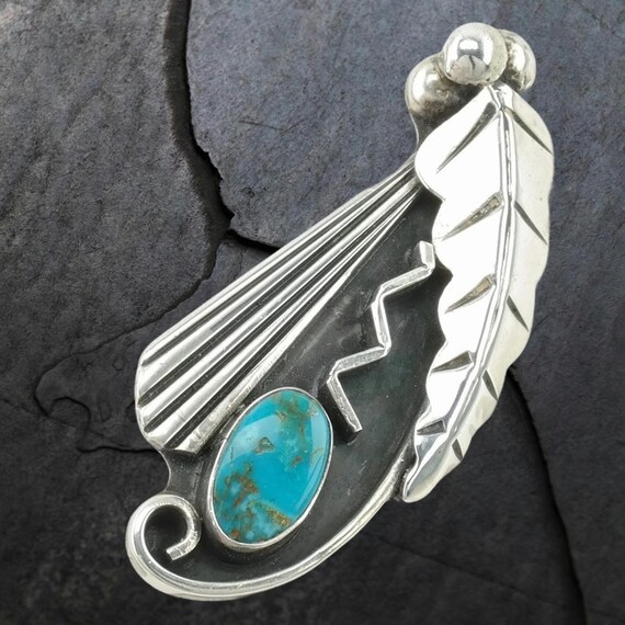 Native American Leaf Turquoise Sterling Silver Brooch