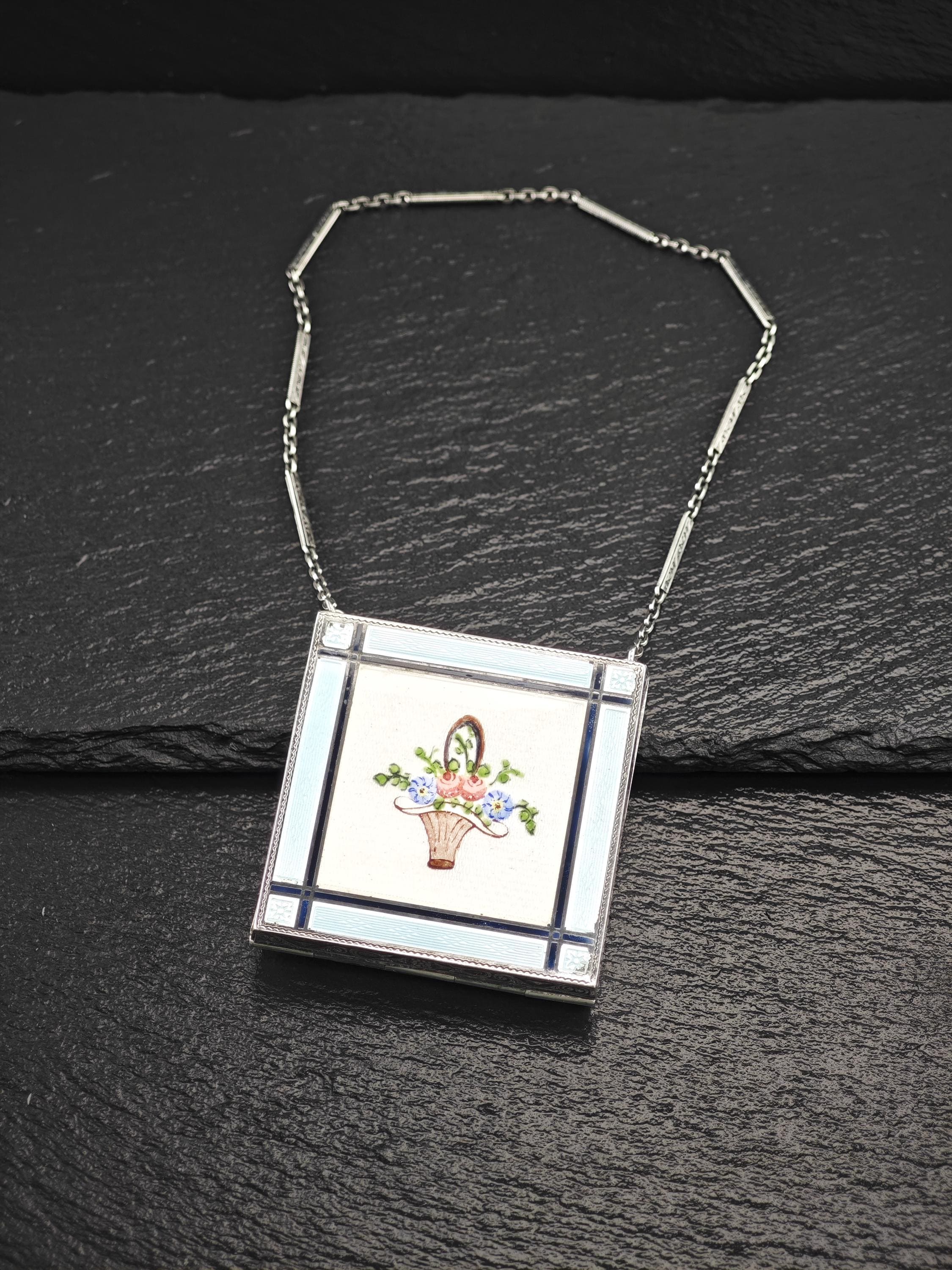 アンティークエナメル、化粧台コンパクト、スターリングシルバー