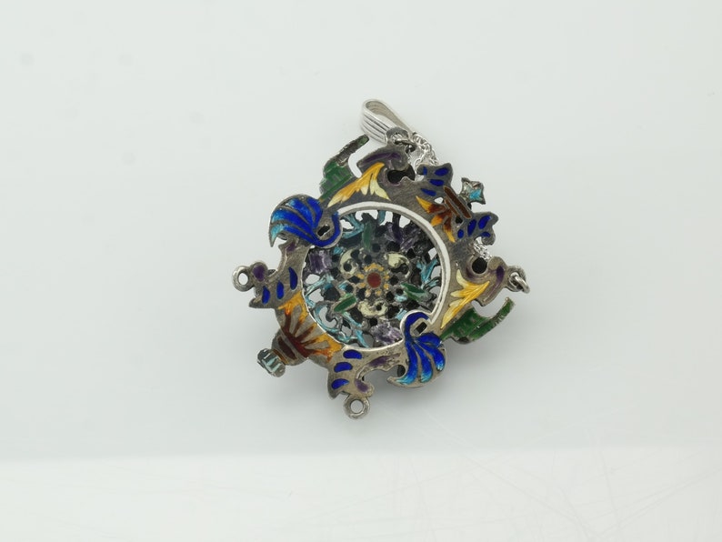 Vintage emaljpyropgranat lavasten cameo sterlingsilver flerfärgat hänge bild 7