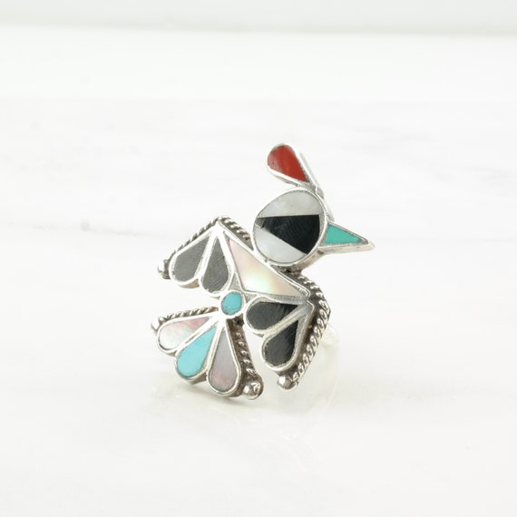 Vintage Zuni Silver Ring MOP Turquoise Onyx Coral… - image 4