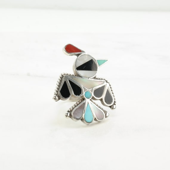 Vintage Zuni Silver Ring MOP Turquoise Onyx Coral… - image 3