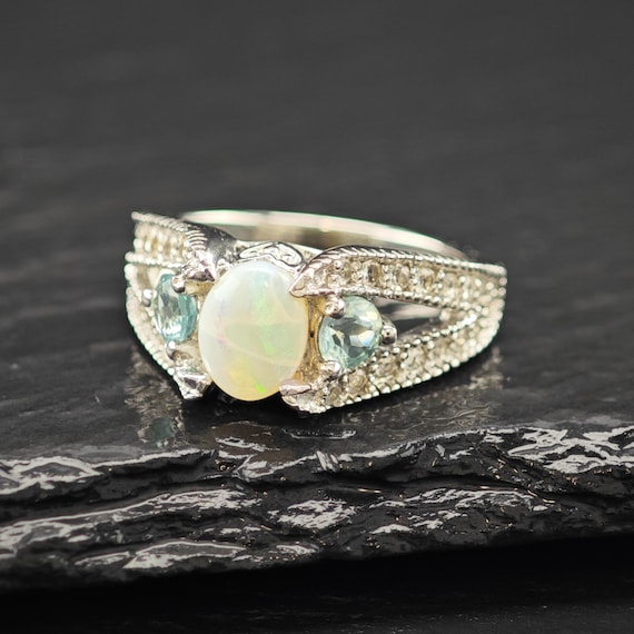 Opal Silver Statement Ring with Blue Gems (Size 7) - image 6