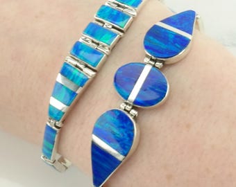 Bracciale in argento sterling con opale blu sintetico - Elegante design con intarsio