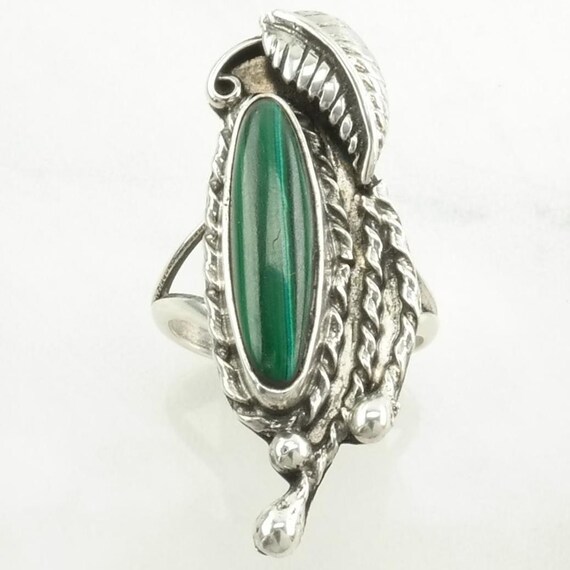 Malachite Statement Ring: Silver Leaf Navette (Si… - image 3