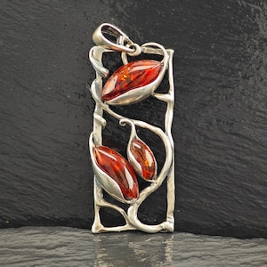 Art Nouveau Style Amber, Floral Pendant Sterling Silver
