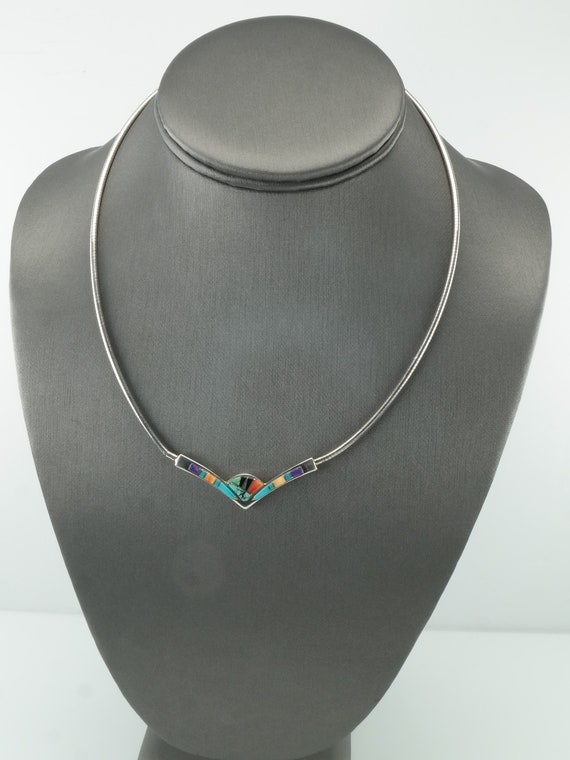 Vintage Sterling Silver Multicolor Inlay Necklace - image 4