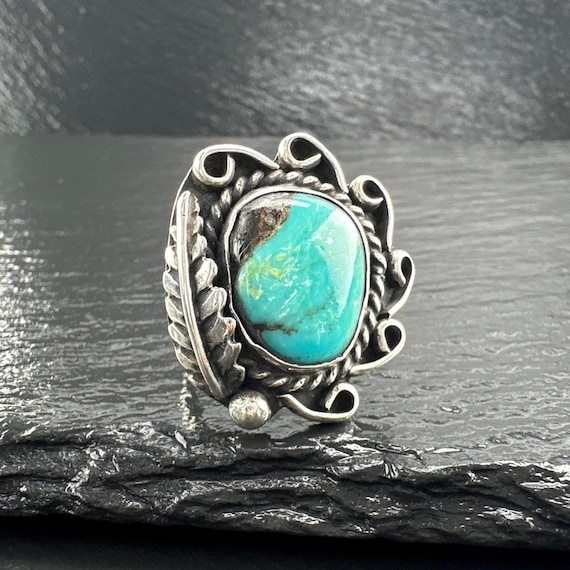 Turquoise Feather Silver Ring - Native American, … - image 3