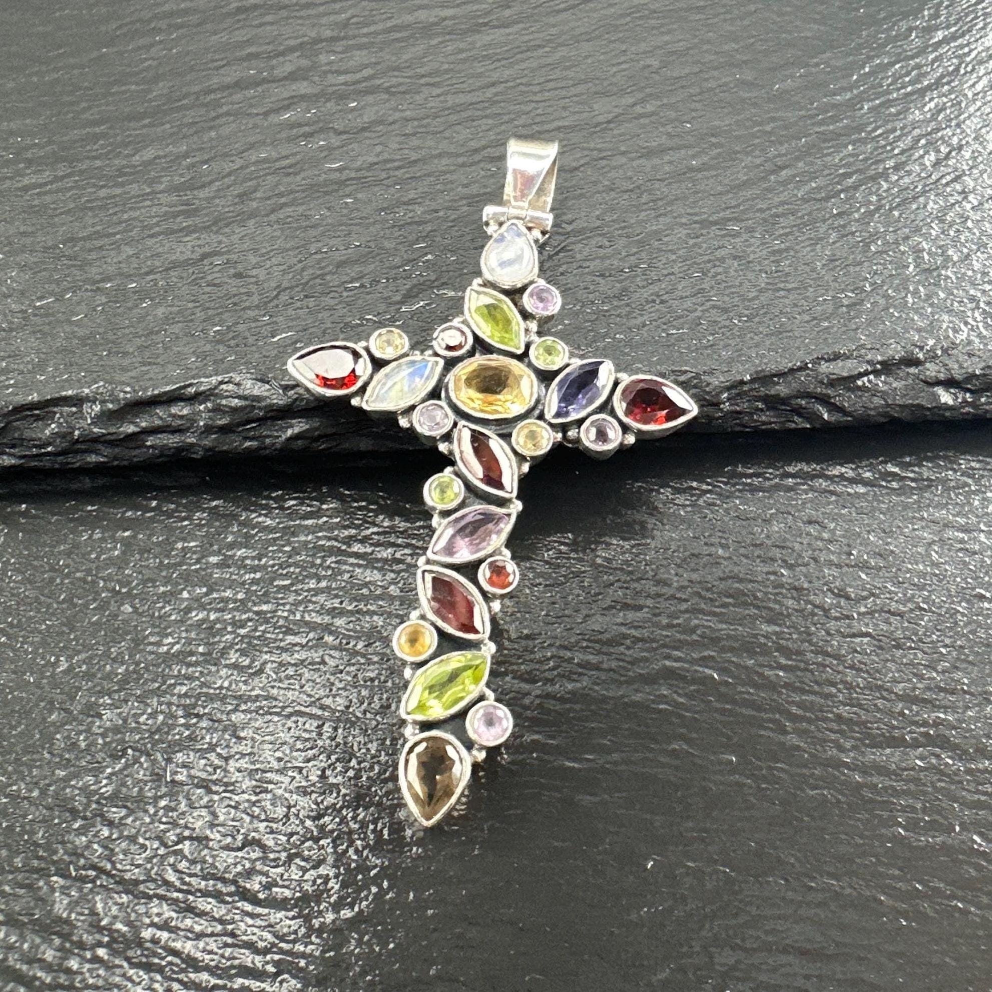 Vintage Multi Gemstone Cross Sterling Silver Pendant