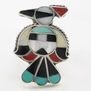 Native American Zuni Thunderbird ingelegde sterlingzilveren ringmaat 5 1/4