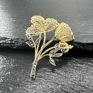 Sterling Silver Vintage Flower Brooch Marcasite Gold Hue